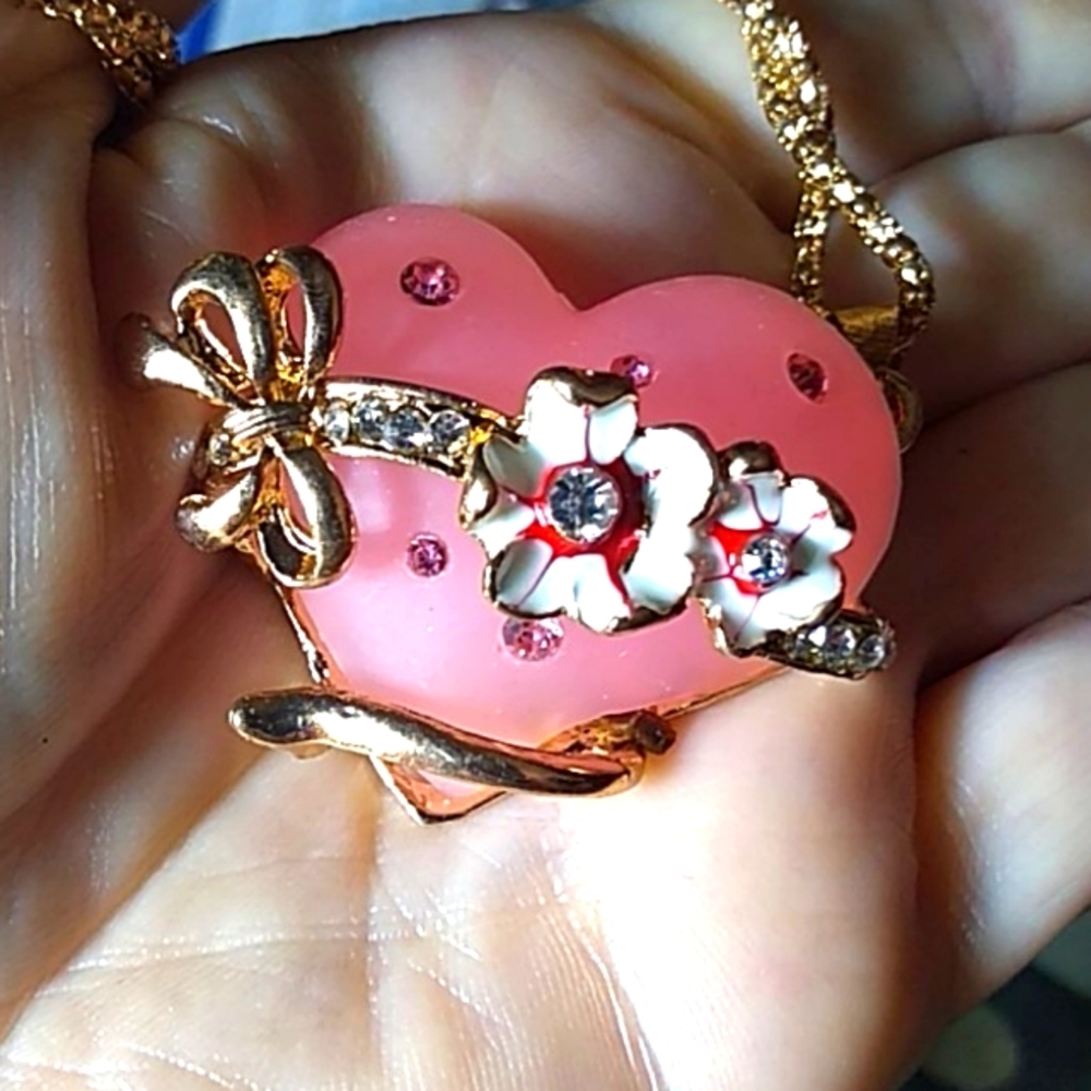 Pink and White Crystal Heart Pendant Necklace